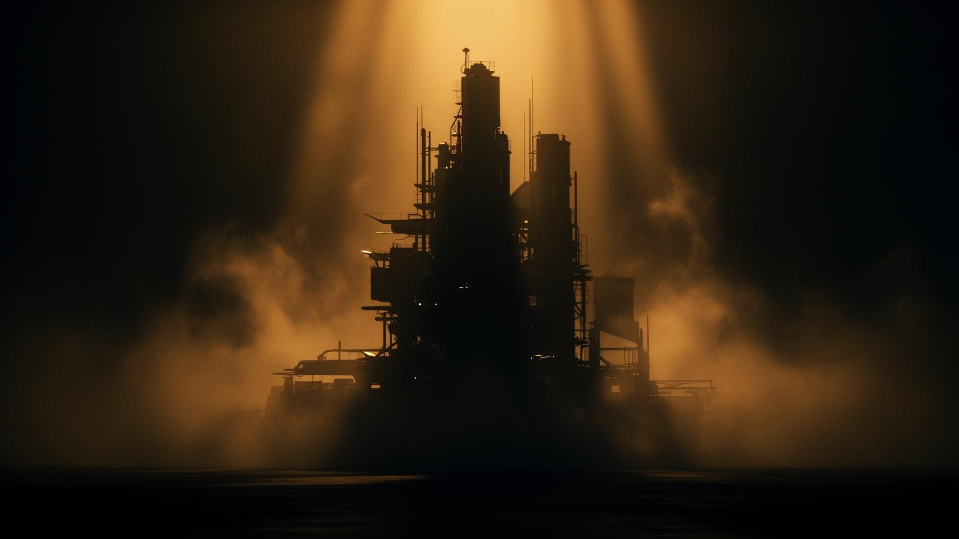 Industrial pipeline silhouette in cinematic smoke